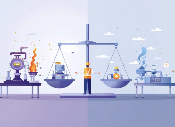 Firefly_Conceptual industrial illustration showing a production line visually split into two 446919