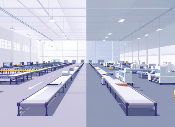 Firefly_Conceptual industrial illustration showing two contrasting factory process lines. On 446919