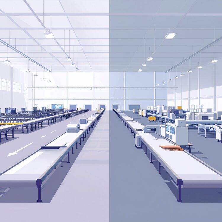 Firefly_Conceptual industrial illustration showing two contrasting factory process lines. On 446919