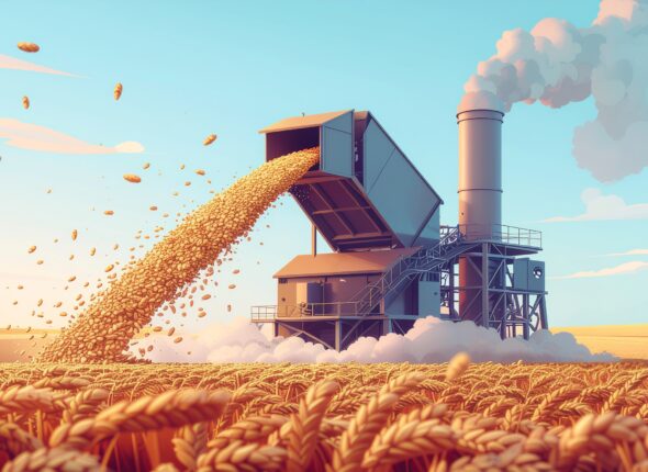Firefly_Illustrative scene showing identical wheat kernels entering a mill and emerging with 446919